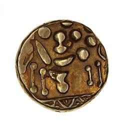 Coin, round, portions of laureate head of Apollo to right.