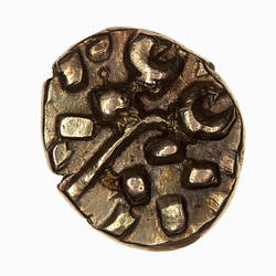 Coin, round, a crude and disjointed design ultimately derived from bust wearing a laurel wreath.