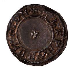Coin, round, small cross pattee at the centre within a line circle; text around, + AELFPEARD M-O LVN.