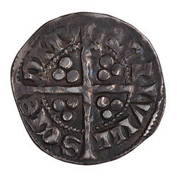 Coin, round, long cross with three beads in the angles; around outside a circle of beads, VILL SCIE DMV NDI.