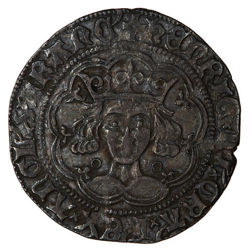 Coin, round, crowned bust of the King facing within a tressure of nine arches; text around.