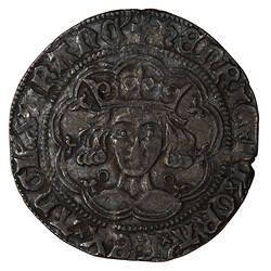 Coin, round, crowned bust of the King facing within a tressure of nine arches; text around.