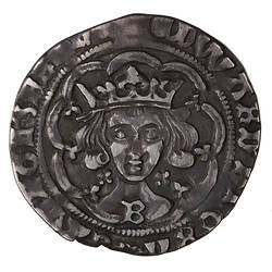 Coin, round, crowned bust of the King facing within a tressure of nine arches; text around.