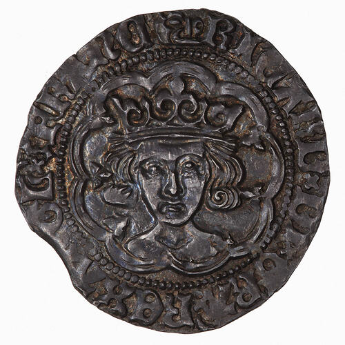 Coin, round, crowned bust of the King facing; text around.