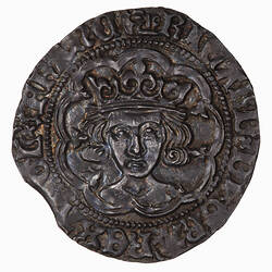 Coin, round, crowned bust of the King facing; text around.