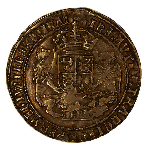 Coin, round, crowned shield quartered with arms of England and France, crowned lion on left, dragon on right.