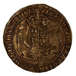 Coin, round, crowned shield quartered with arms of England and France, crowned lion on left, dragon on right.