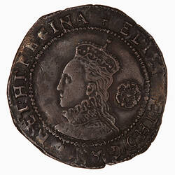 Coin, round, Crowned bust of the Queen, wearing ruff and embroidered dress facing left; behind, rose; text aro