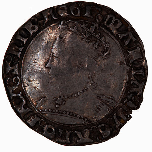 Coin, round, Crowned bust of the Queen facing left wearing a necklace with a pendant cross; text around.