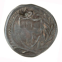 Coin, round, Within a wreath of palm and laurel a shield bearing the cross of St. George.