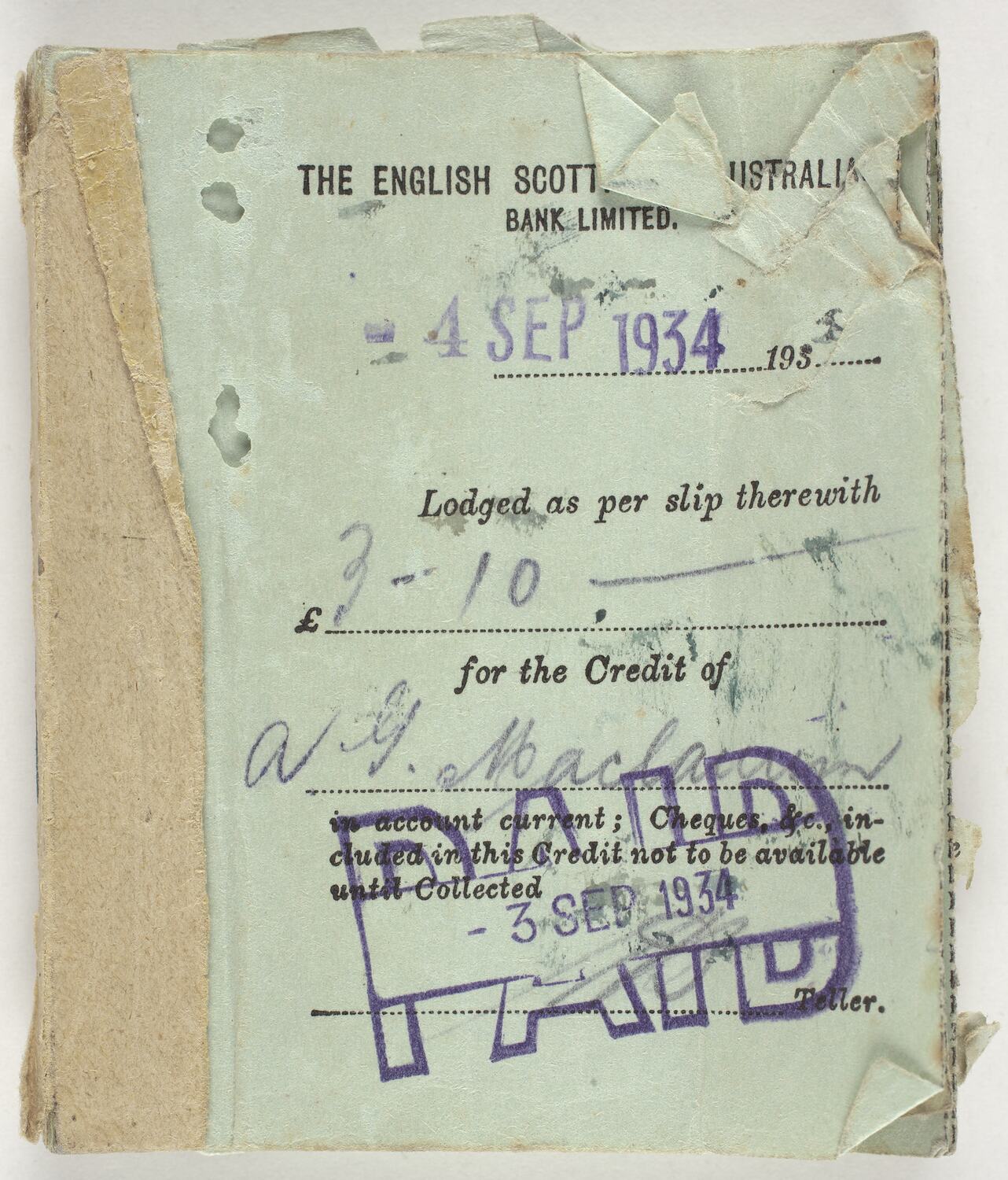 Cheque Book - The English Scottish & Australian Bank Ltd, Issued to AG ...