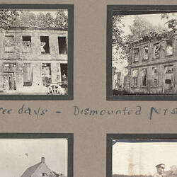 Four photographs, top two of a building, bottom two only half visible, showing sky.