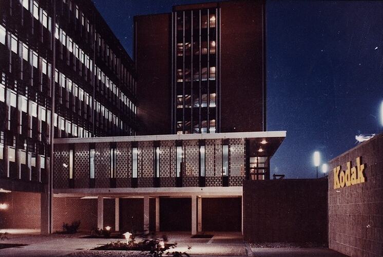 Photograph - Kodak Australasia Pty Ltd, Exterior Night View of Building 8, Head Office & Sales & Marketing at the Kodak Factory, Coburg, circa 1965