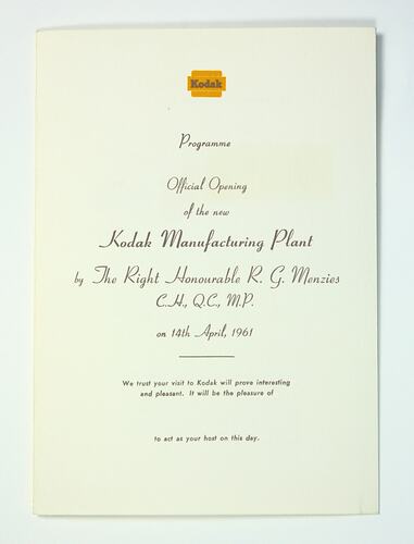 Programme for the Kodak Manufacturing Plant opening.