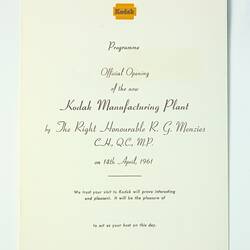 Programme for the Kodak Manufacturing Plant opening.