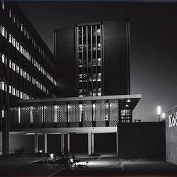 Photograph - Kodak Australasia Pty Ltd, Exterior View at Night of Building 8, Head Office & Sales & Marketing at the Kodak Factory, Coburg, circa 1965
