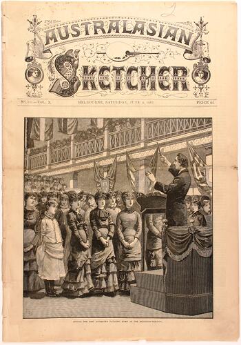 Newspaper Cutting - 'Singing the Poet Laureate's Patriotic Hymn at the Exhibition Building', The Australasian Sketcher, Melbourne, 3 Jun 1882