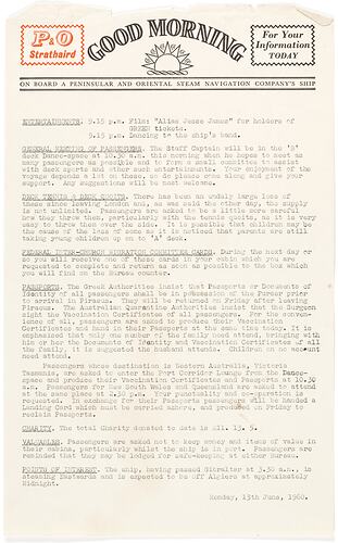 Newsletter - 'Good Morning', P&O Lines, Strathaird, 13 Jun 1960