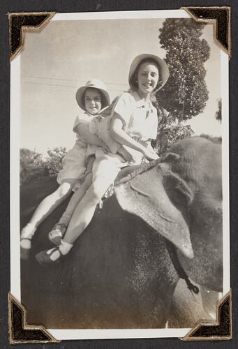 Shirley & Lesley on an Elephant at Kandy, Palmer Family Migrant Voyage, Sri Lanka, 14 Mar 1947