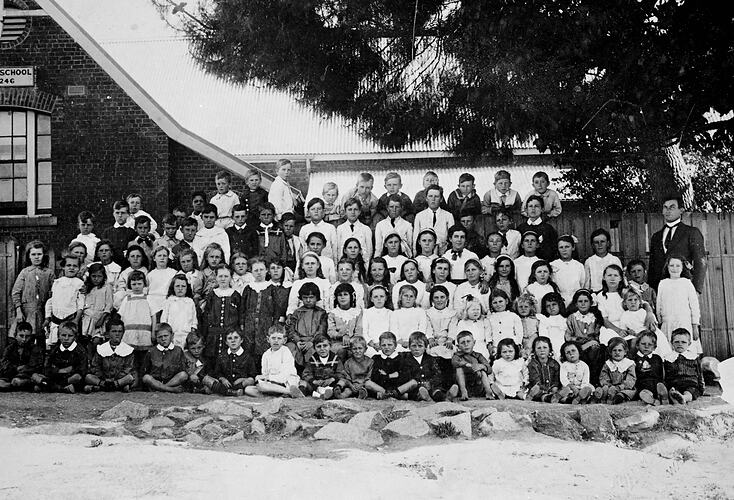 Six rows of students and their teacher pose in front of a school building and tree.