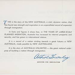 Booklet - Athol Townley, 'Australia Unlimited, Immigration Builds the Nation', Department of Immigration, 1957