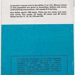 Back cover of a printed booklet, black type on blue and white paper.