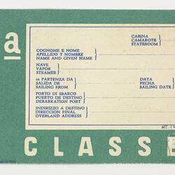 Baggage Label - Sitmar Line, 3a Classe, circa 1950s
