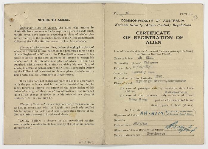 Certificate - Registration of Alien, Issued to Mr Ah Him