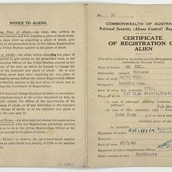 Certificate - Registration of Alien, Issued to Mr Ah Him