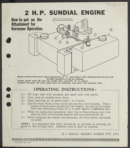 Instruction Leaflet - H.V. McKay Massey Harris, '2 H.P. Sundial Engine, How to Put on the Attachment for Kerosene Operation', 1941