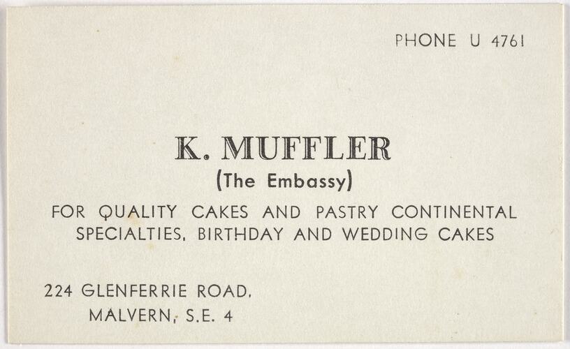 Business Card - Karl Muffler, The Embassy Cake Shop