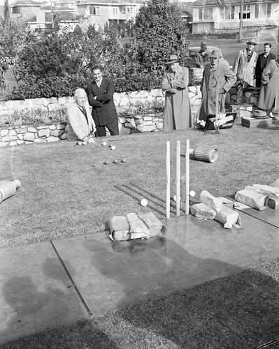 Qualcast Pty Ltd, Billiard Game on Front Lawn, North Balwyn, Victoria, 1957