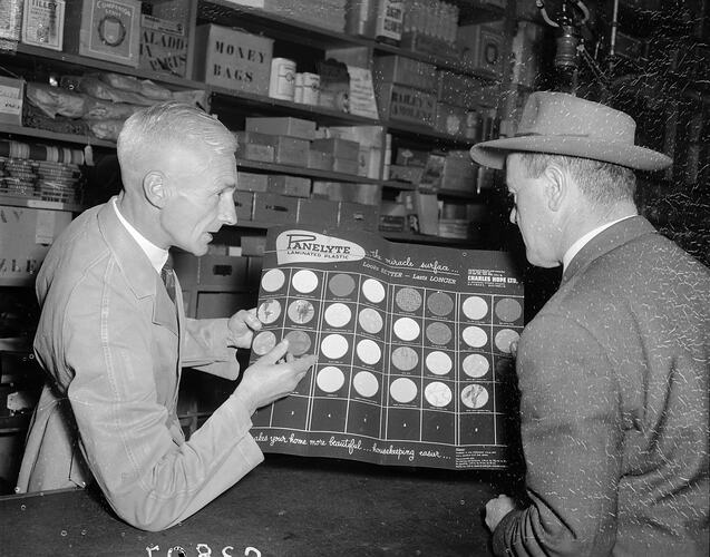 Two Men with Laminate Samples, Melbourne, Victoria, 1955