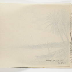 Open book page, with tracing paper above faint outlines of drawing of beach below.