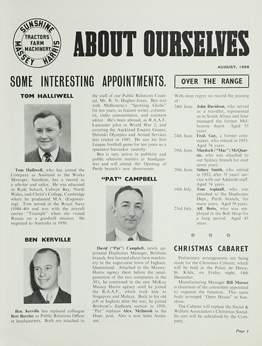 Magazine Insert - 'About Ourselves', Sunshine Massey Harris Review, No 35, Aug 1956