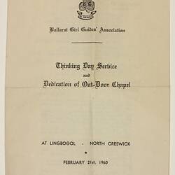 Programme - Order of Service, 'Thinking Day Service', Ballarat Girl Guides' Association, 1960