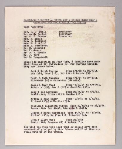 Report - 'Secretary's Report on Bring Out a Briton Committee's Operations', Methodist Church, East Malvern, circa 1964
