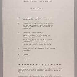 Programme - 'City of Malvern Citizenship Ceremony', Malvern, Victoria, 2 Oct 1980