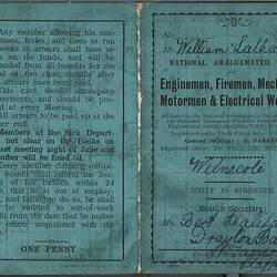 Contribution Card - William Latham, National Amalgamated Union of Enginemen, Firemen, Mechanic, Motormen & Electrical Workers, England, 1920