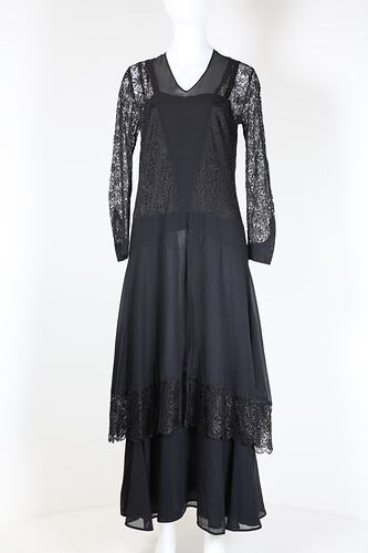 Silk and lace black dinner dress, front view.