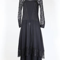 Silk and lace black dinner dress, front view.