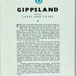 Booklet - 'Gippsland and its Lakes and Caves', Melbourne, 1959