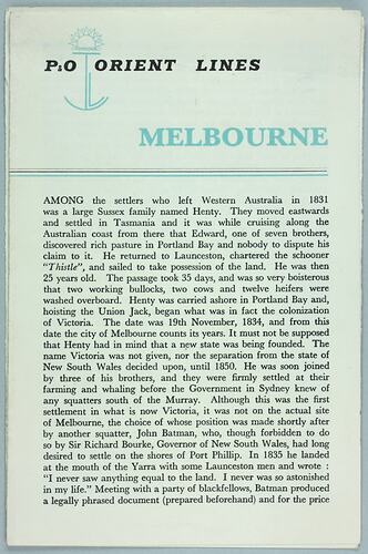 Brochure - 'P&O Orient Lines, Melbourne', England, April 1961