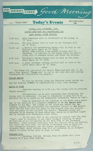 Information Sheet - P&O SS Stratheden, 'Today's Events', Mediterranean Sea, 12 Nov 1961