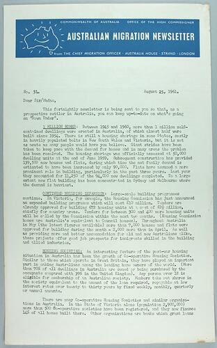 Newsletter - 'Australian Migration Newsletter', 25 Aug 1961