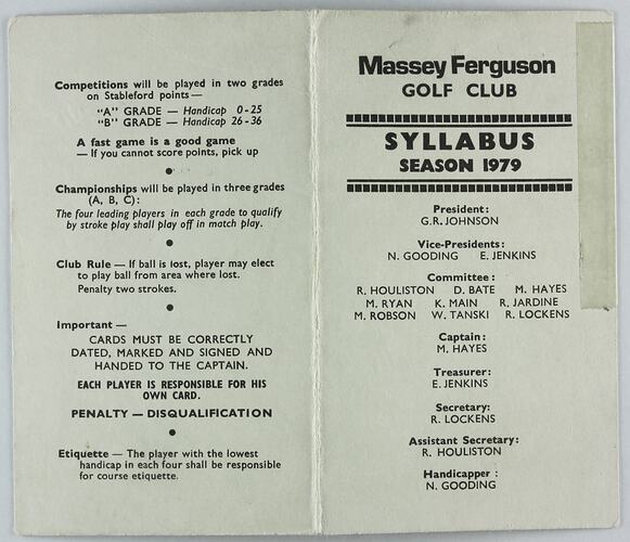 Syllabus - Massey-Ferguson Golf Club, Sunshine, Victoria, 1979