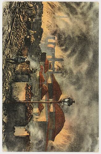 Illustration of boy standing in front of building with rubble, fire and smoke all around.