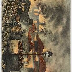 Illustration of boy standing in front of building with rubble, fire and smoke all around.