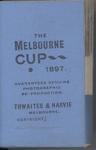 Blue cover of flick book with black printed text.