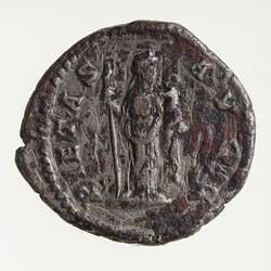 Roughly round silver coin. Woman standing facing right holding a child in her left arm and sceptre in her right. Text around.